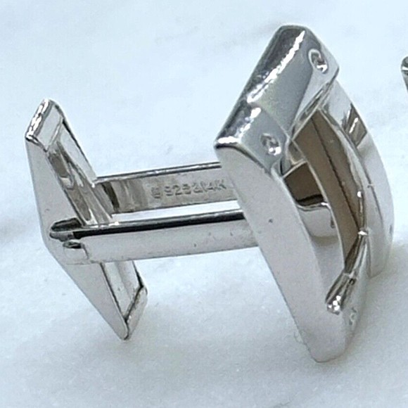 925 Silver Trim & 14K Gold Center Rectangle Elegant Formal Whale Back Cufflinks - Picture 8 of 10